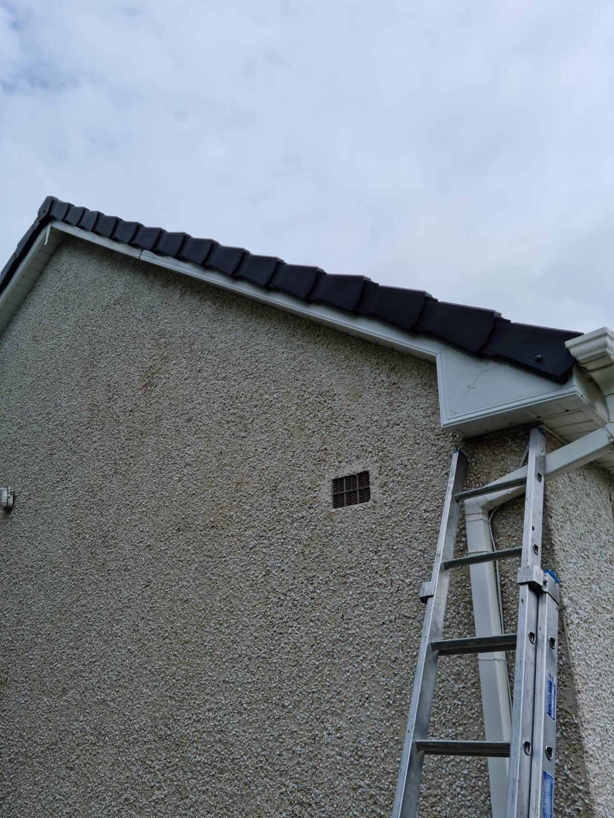 A ladder is leaning against the side of a house.