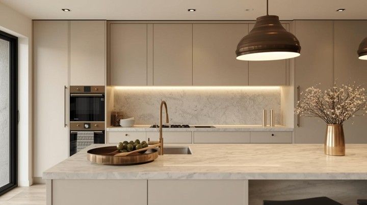 Modern kitchen with beige cabinets, marble countertops, brass fixtures, and a decorative vase.