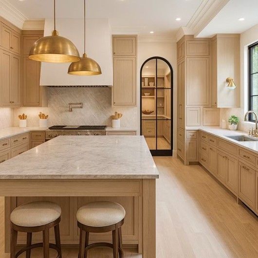 A modern kitchen with light wood cabinets, marble countertops, and gold pendant lights. A modern kitchen with light wood cabinets, marble countertops, and gold pendant lights.