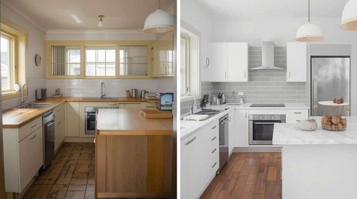 Two kitchen renovations side-by-side: old kitchen with wood cabinets, new with white cabinets, stainless steel appliances.