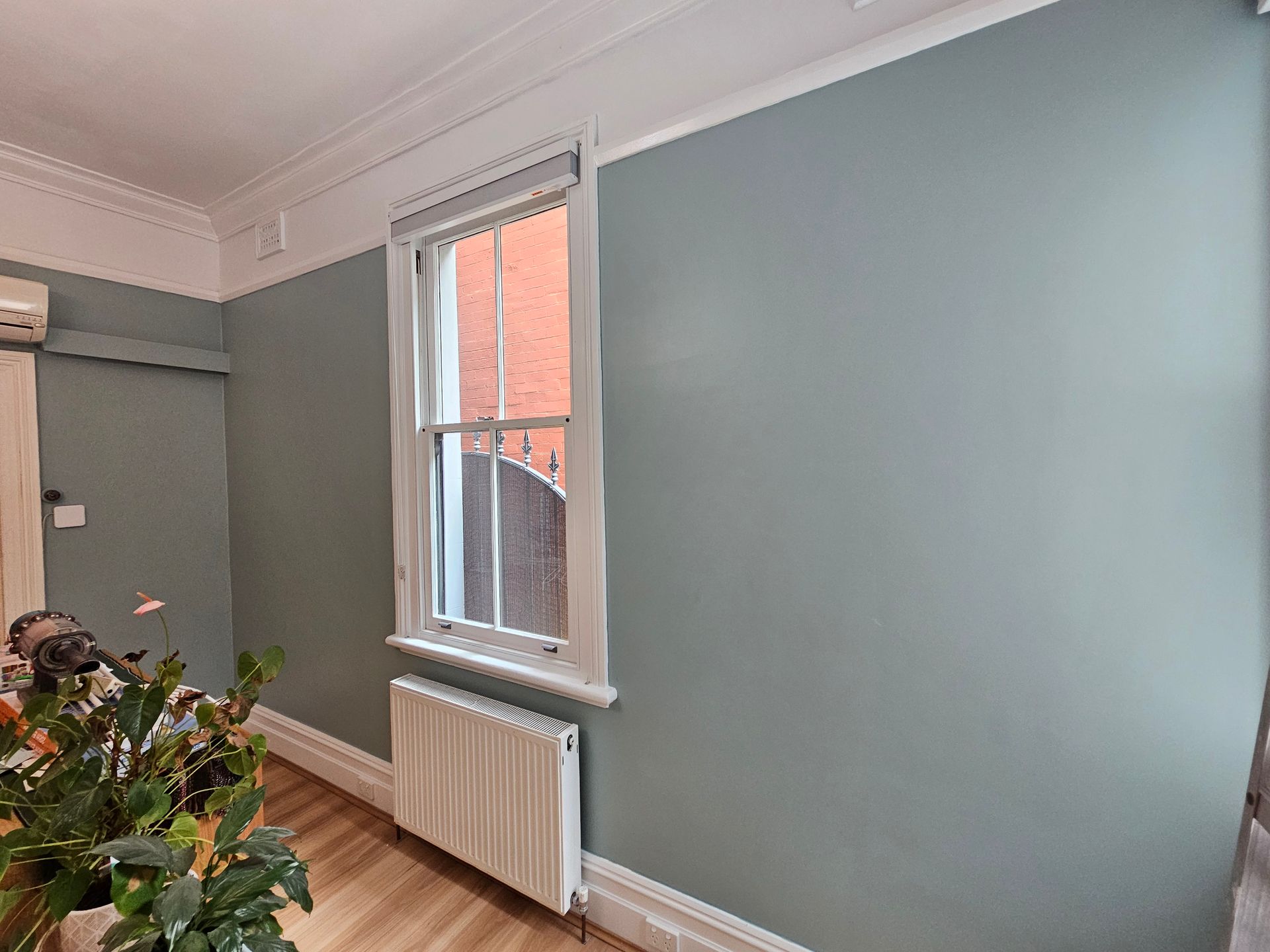 Freshly painted room with sage green walls and timber floor. Freshly painted room with sage green walls and timber floor.