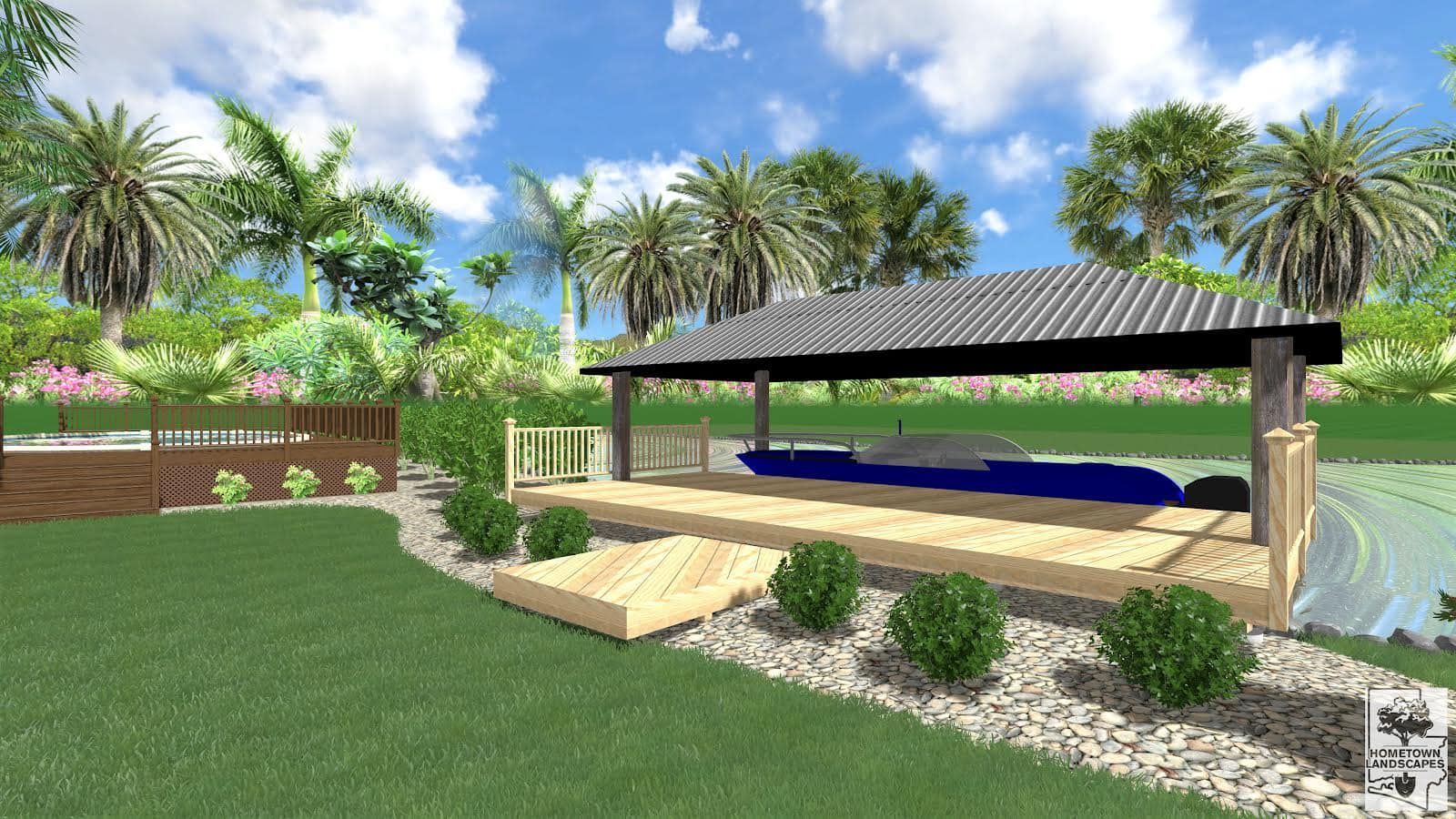 A 3d rendering of a brick house with a garden in front of it.