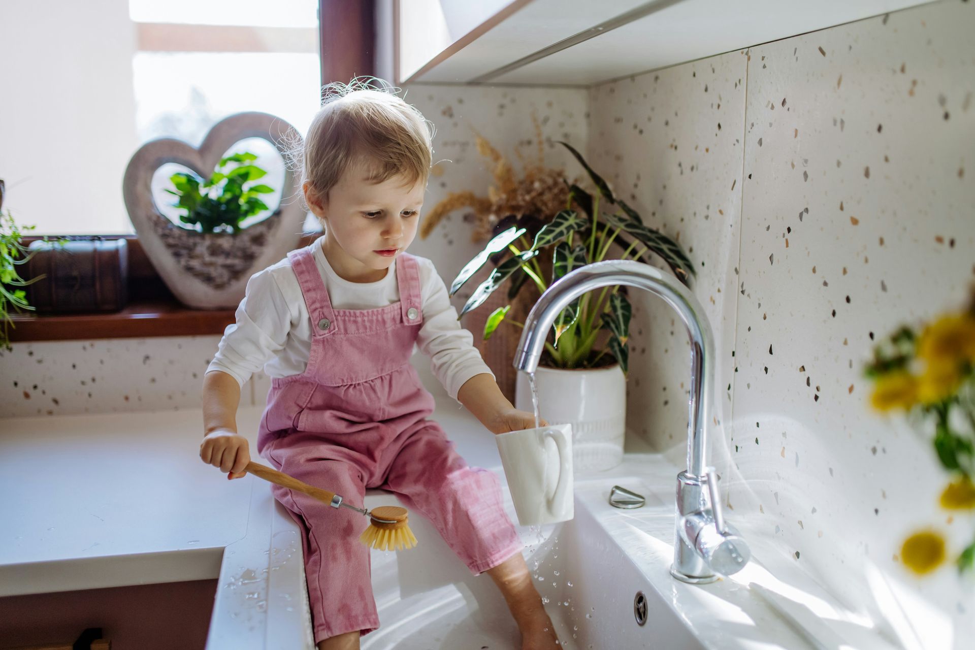 Child in pink overalls sitting by a kitchen sink, holding a spoon near a bowl of water.