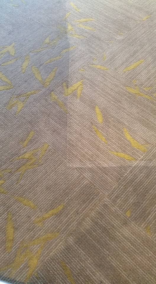 A Person Wearing Yellow Gloves Is Cleaning A Carpet With A Spray Bottle — Lake Macquarie Carpet Cleaning In Warners Bay, NSW