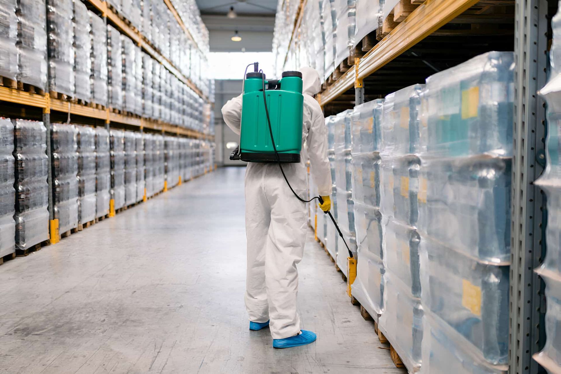A Man In A Protective Suit Is Spraying A Warehouse With A Sprayer — Lake Macquarie Carpet Cleaning In Warners Bay, NSW