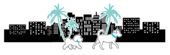 Two dogs are walking in front of a city skyline with palm trees.