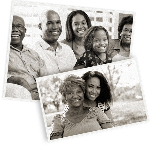 Two family photos: a multi-generational group smiling indoors, and a grandmother and granddaughter outdoors.