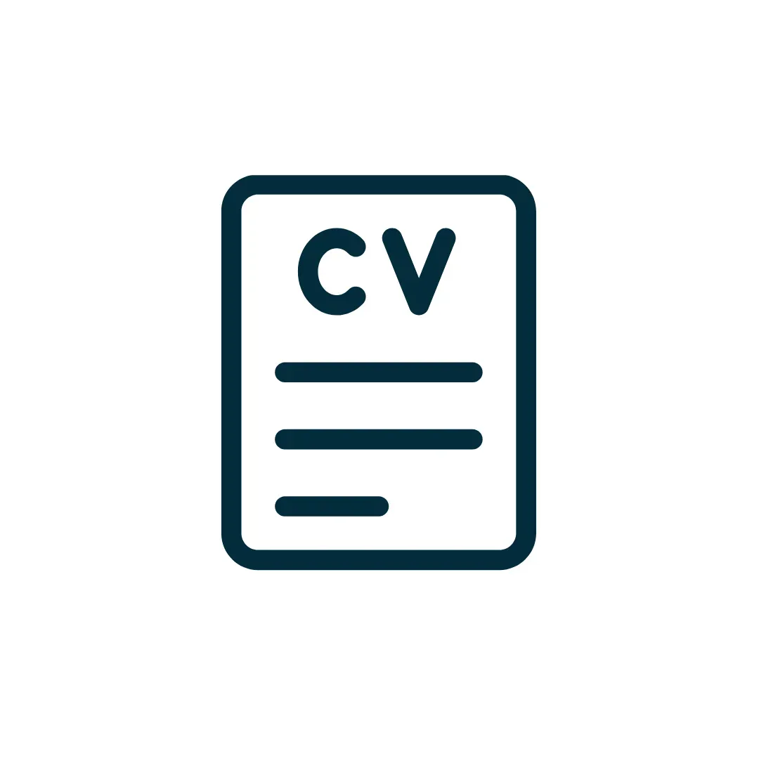 Dark blue and white CV document icon.