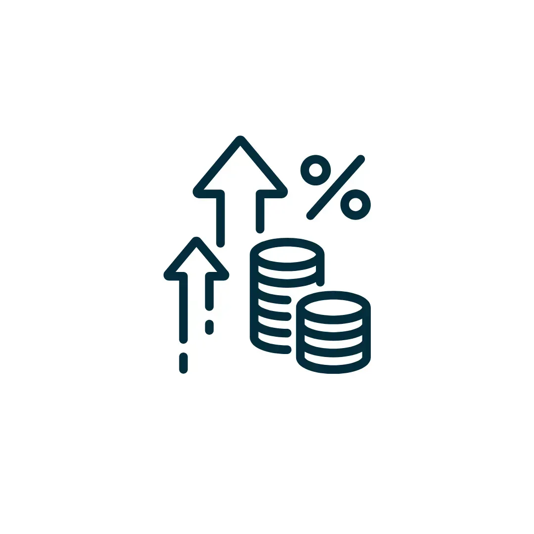 Coins stacked with upward arrows and a percentage symbol, indicating financial growth.