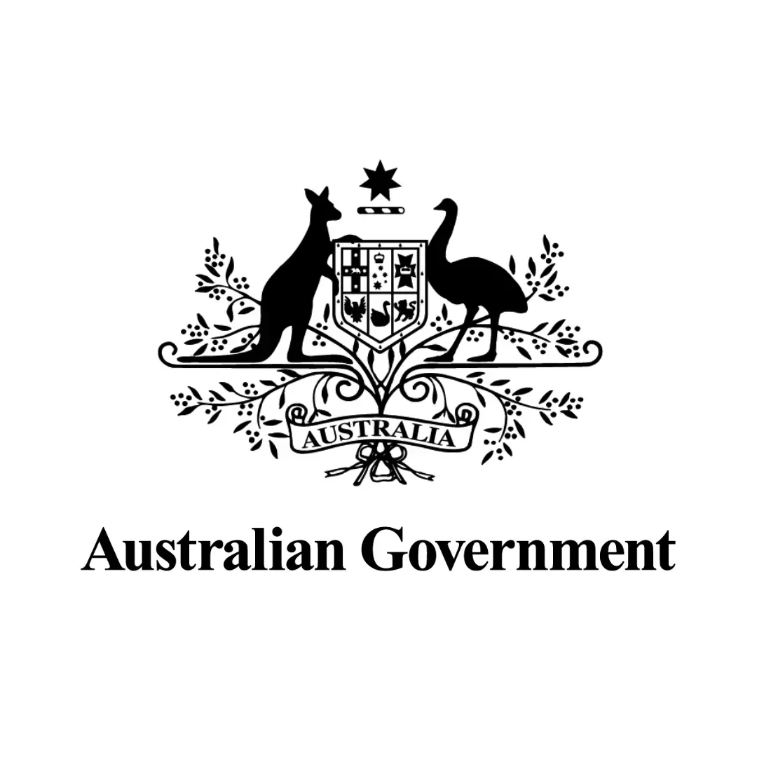 Australian Government logo, a kangaroo and emu flanking a shield with a star and text 