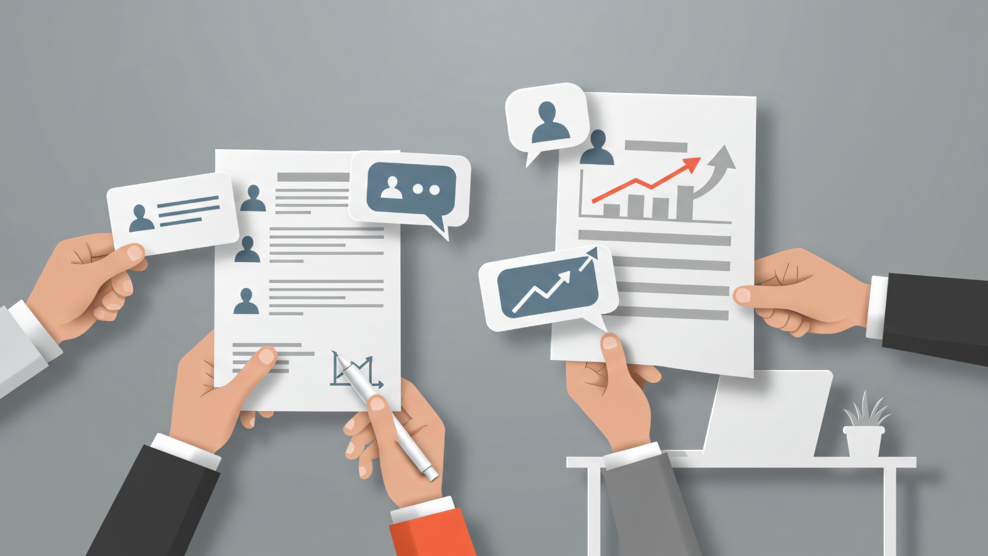 Hands holding documents with charts, resume, and business card.