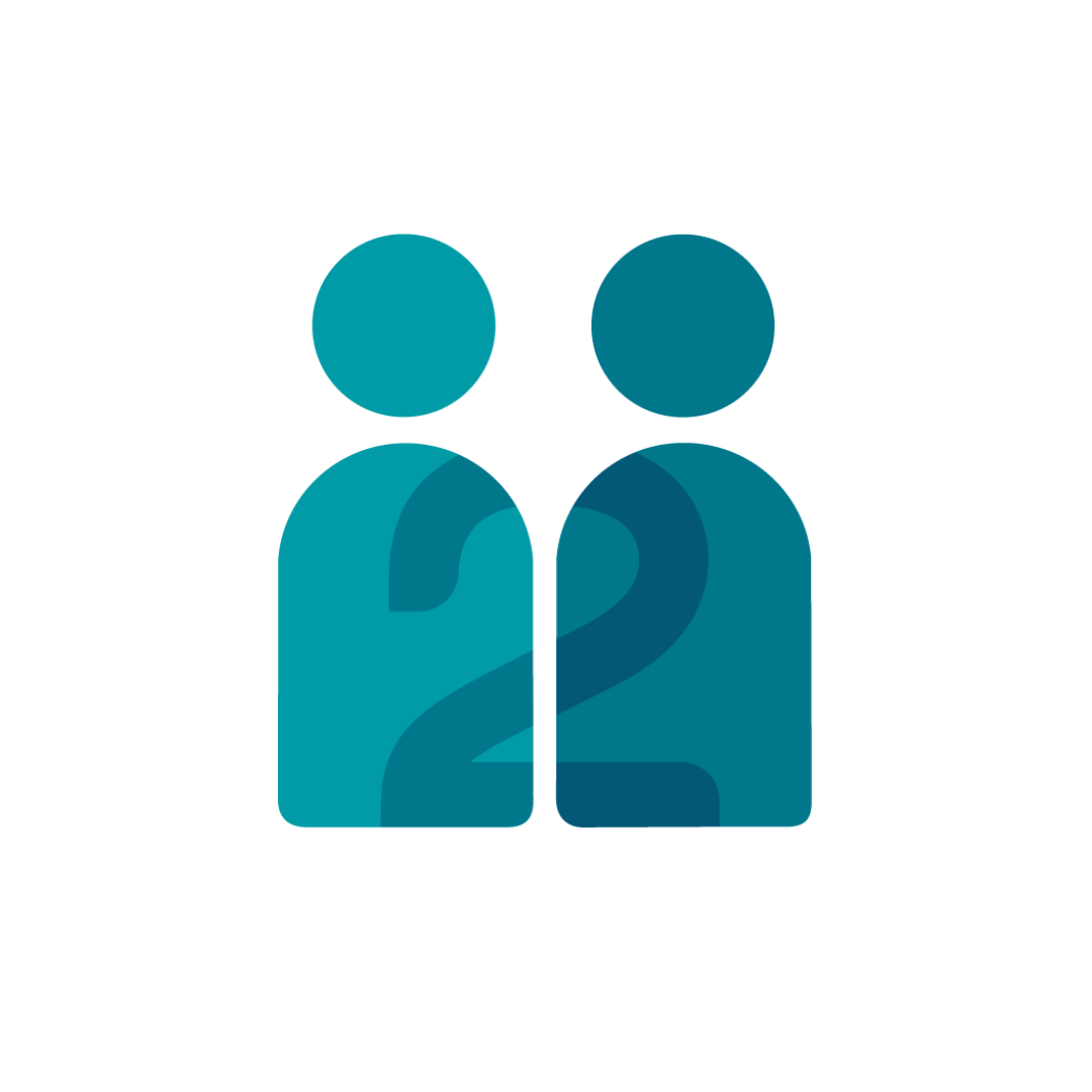 Two teal figures side-by-side, with a number 