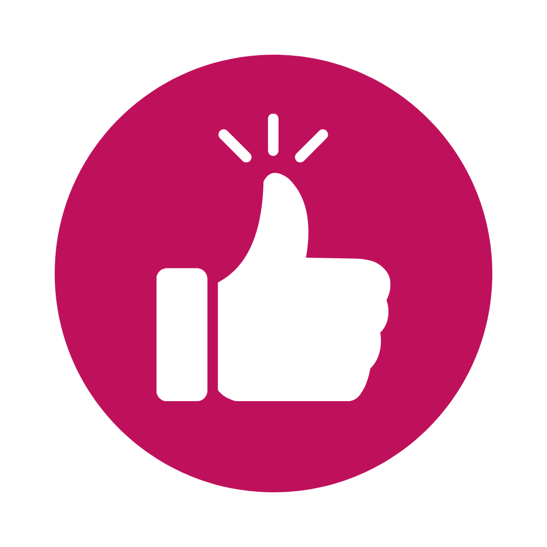 White thumbs-up icon inside a pink circle, indicating approval.
