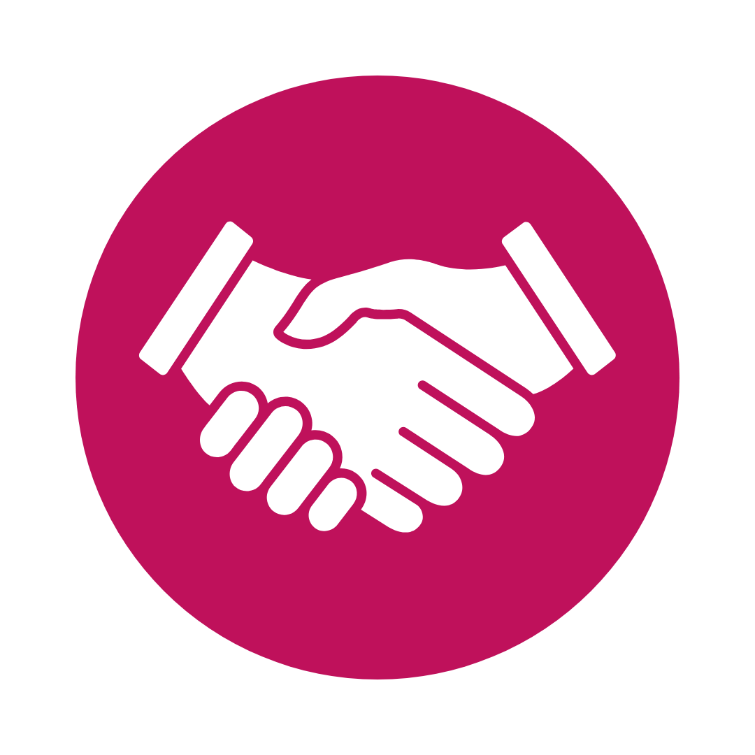 White handshake icon in a magenta circle.