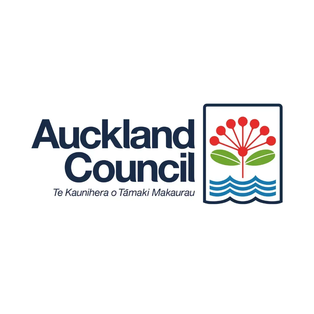 Auckland Council logo: dark blue text with a graphic of a flower over wavy blue lines.