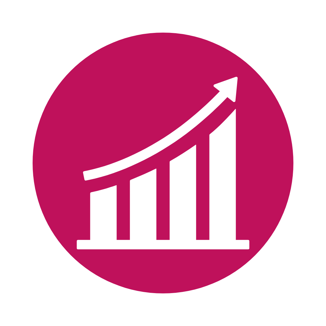 White chart with rising bars and arrow on a magenta circle.