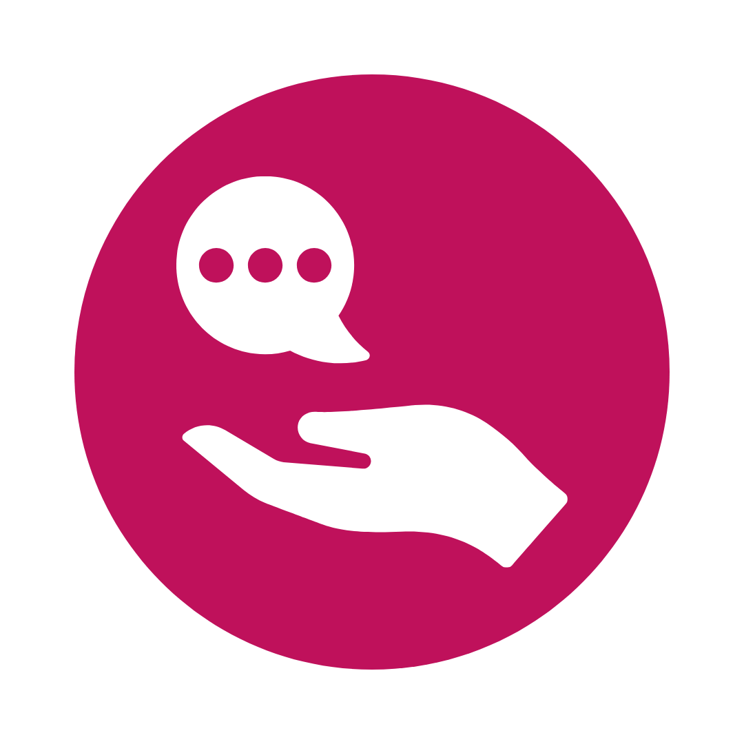 Hand holding a speech bubble with three dots, inside a pink circle.