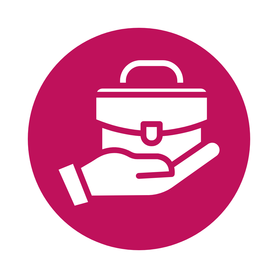 Hand holding a white briefcase inside a magenta circle.