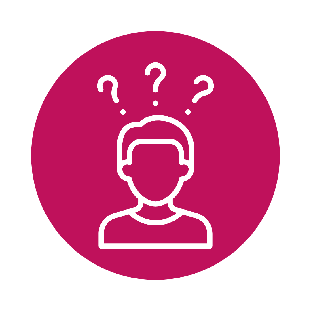 Person with question marks above head; pink circle background.