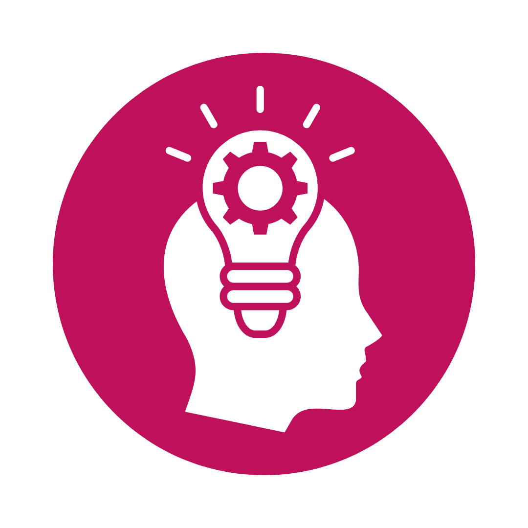 White silhouette head with lightbulb containing a gear, against a pink circle.