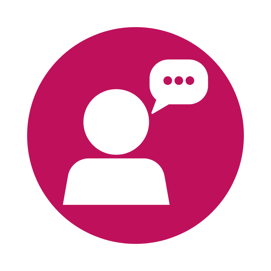 White silhouette of a person with a speech bubble containing three dots, set on a magenta circle.