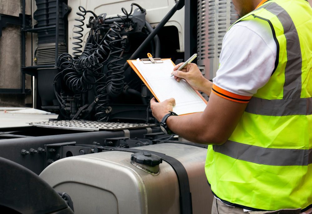 A Man in A Yellow Vest Is Writing on A Clipboard in Front of A Semi Truck — FBM Fabrication In Nowra, NSW