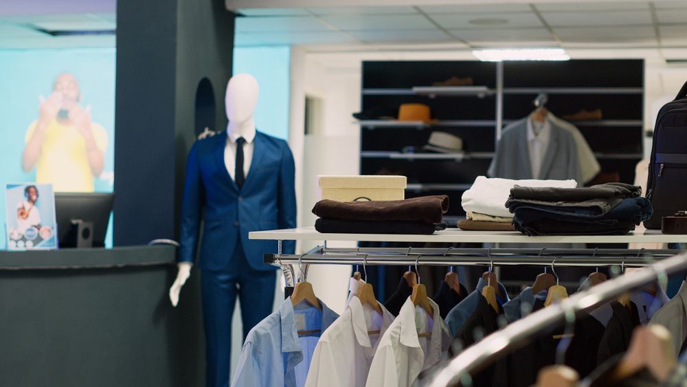 A Man Is Taking a Picture of A Mannequin in A Suit in A Clothing Store — FBM Fabrication In Wollongong, NSW