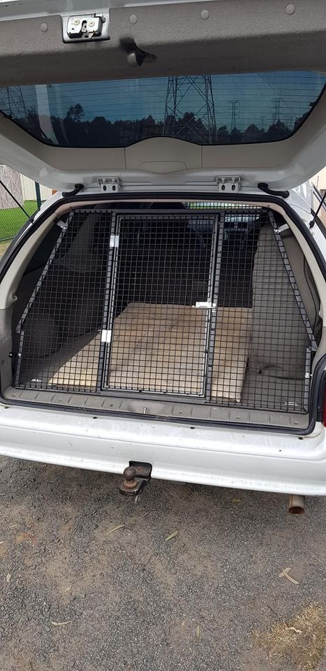 Open car hatch with a wire crate holding a tan dog inside the trunk  — FBM Fabrication In Dapto, NSW