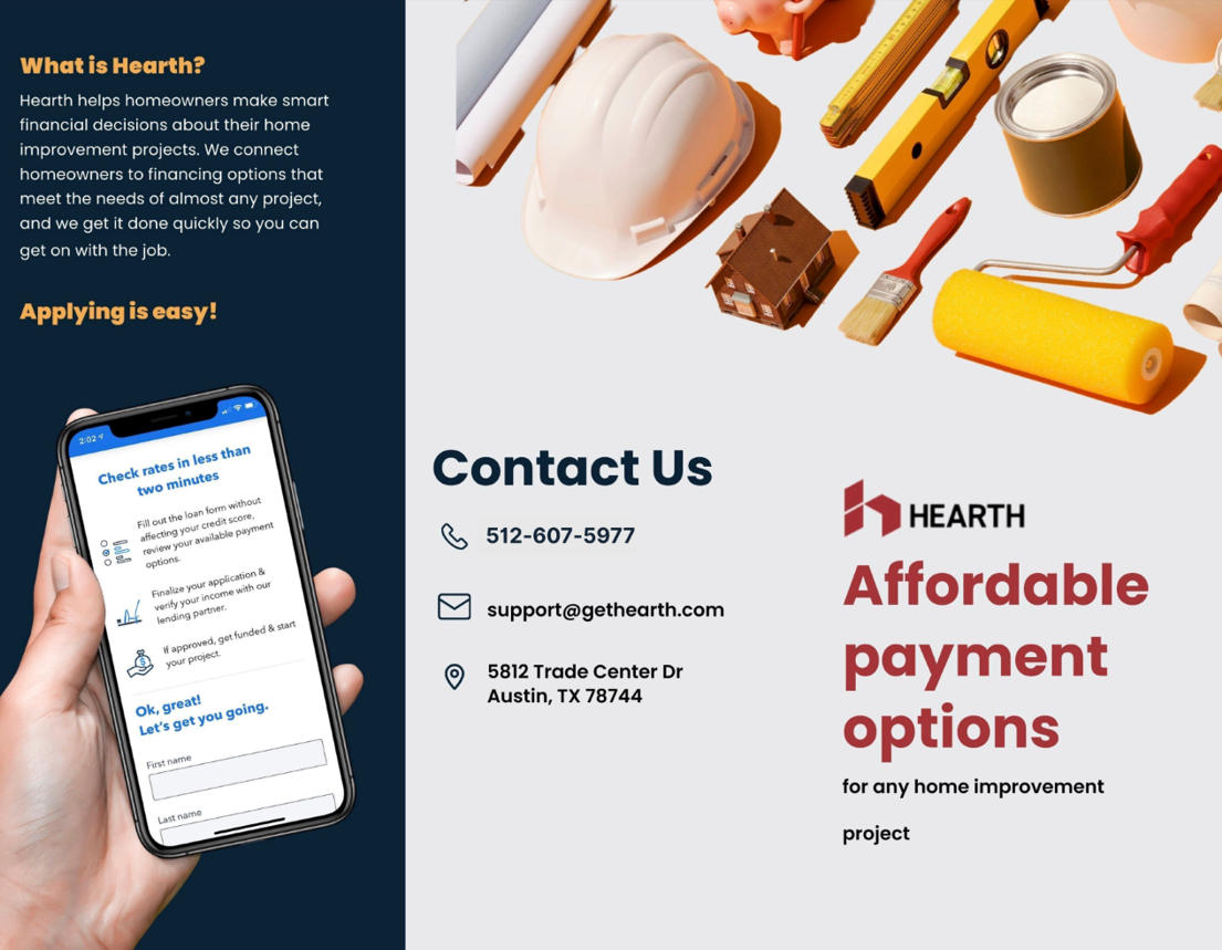 Hearth ad: Hand holding phone, tools, and text about affordable home improvement payments.