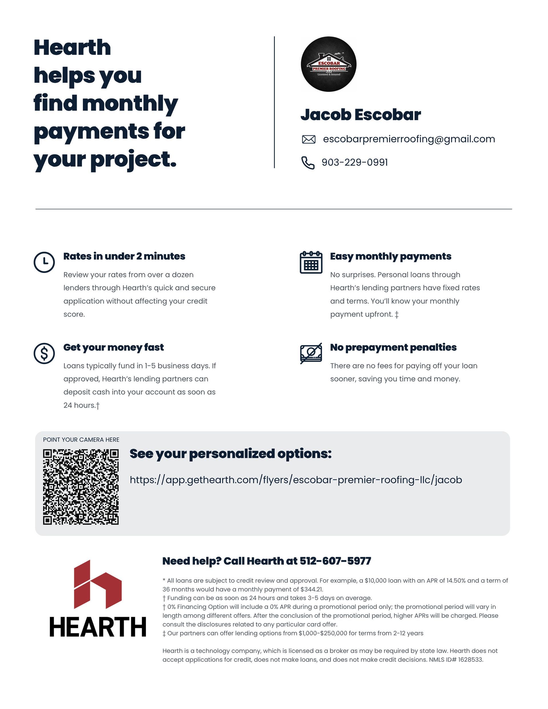 Hearth ad with information about finding monthly payments, contact info, and a QR code.