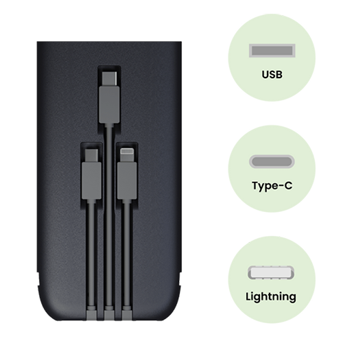 Capital Charge C-Charger, equipped with USB, Type-C, and Lightning cables