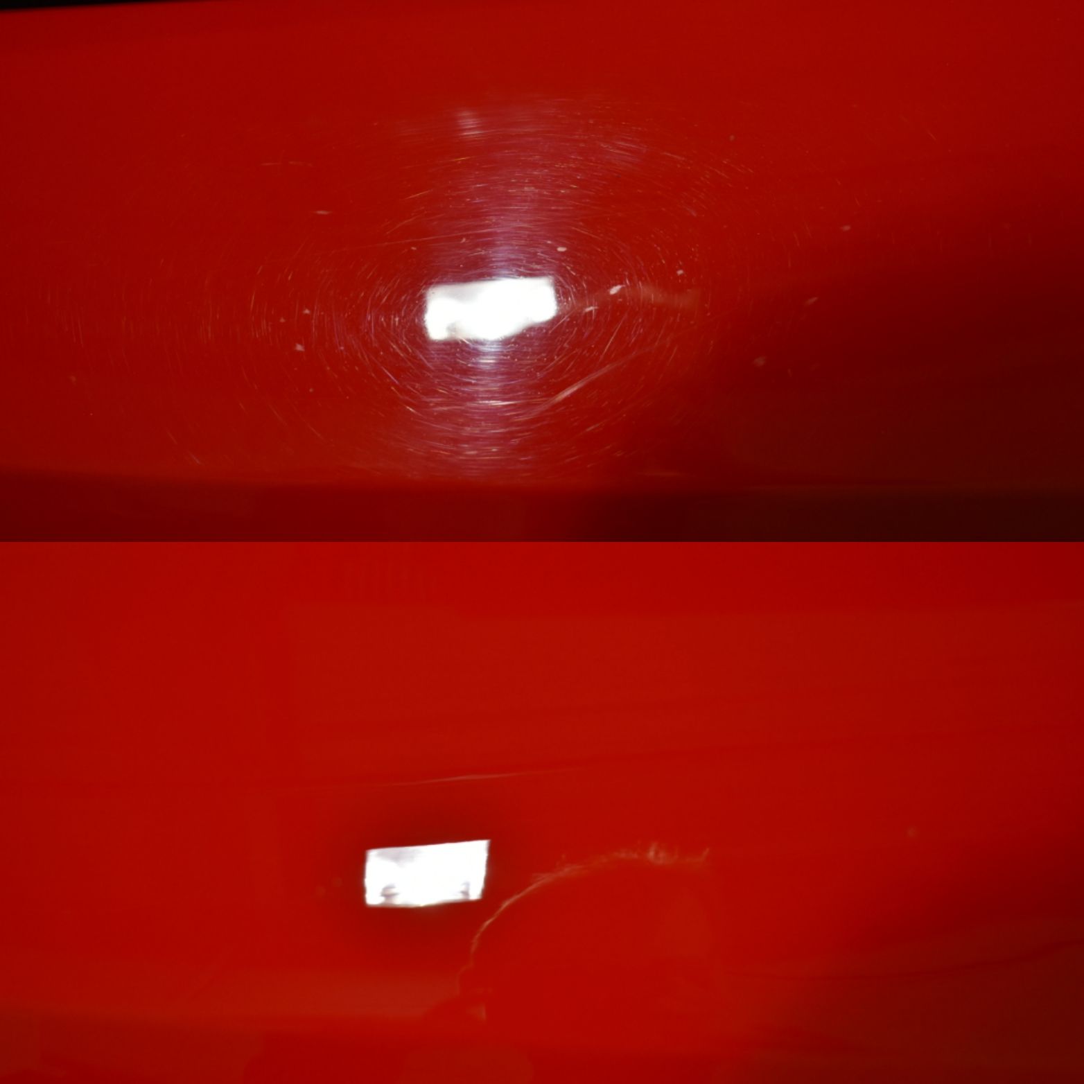 A before and after picture of a red car.