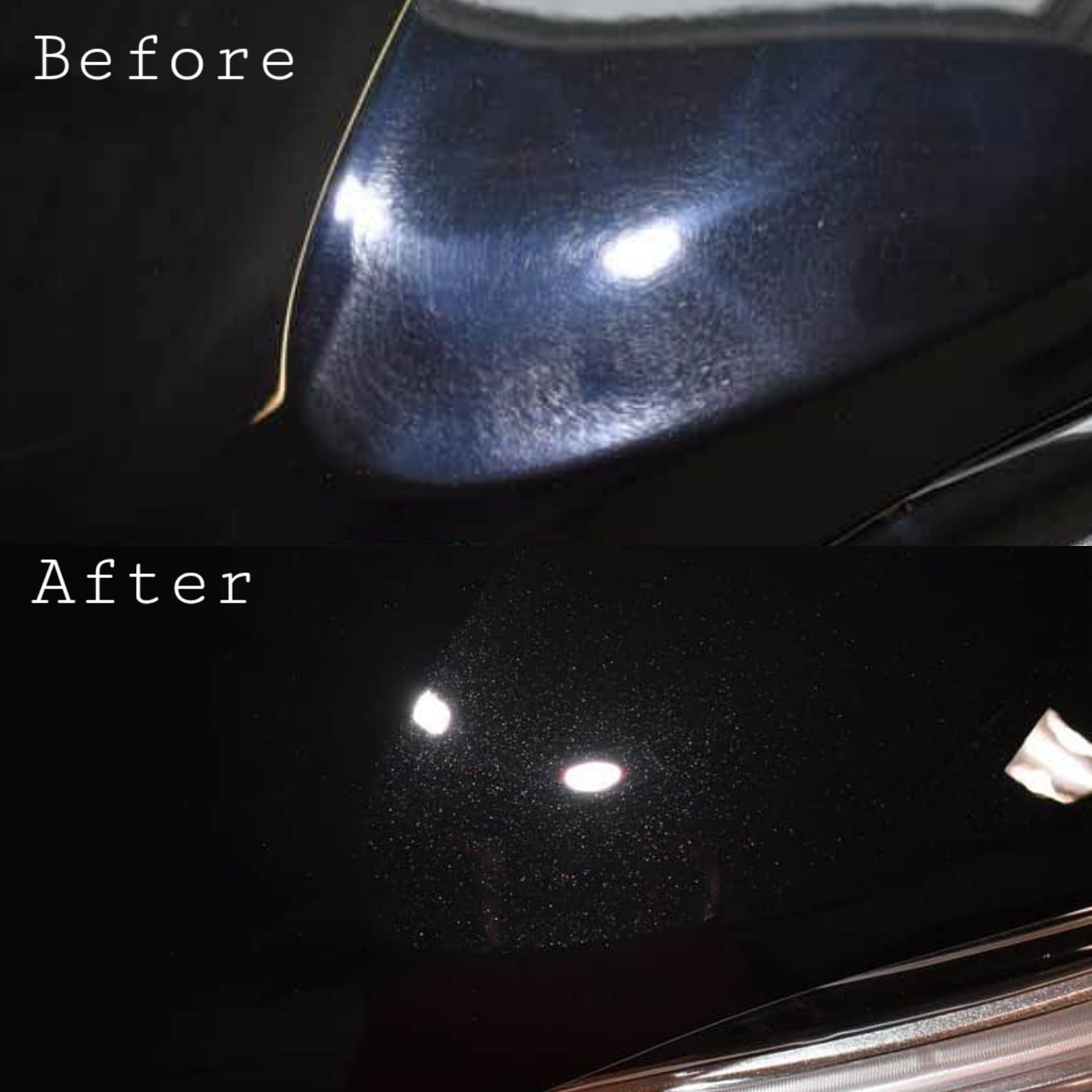 A before and after picture of a black car