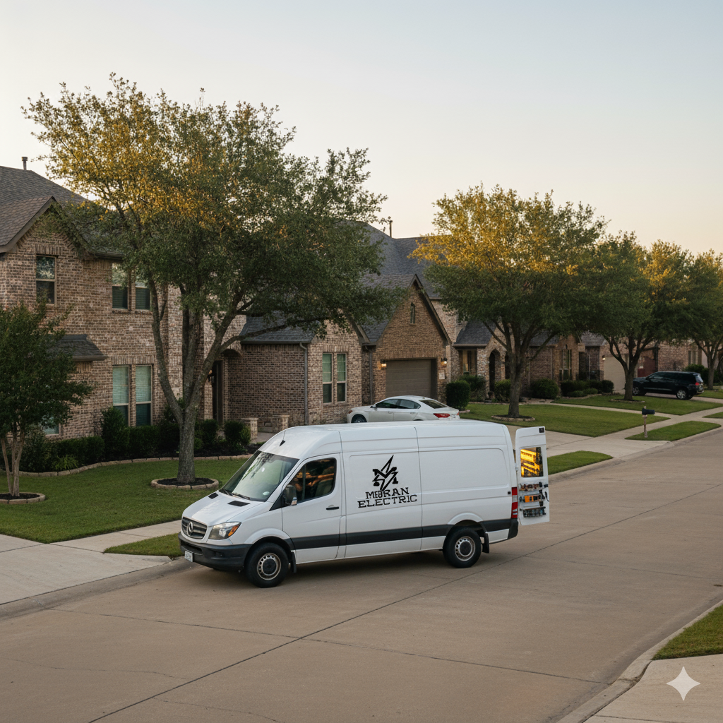 White van with logo on residential street. Houses and trees in background.