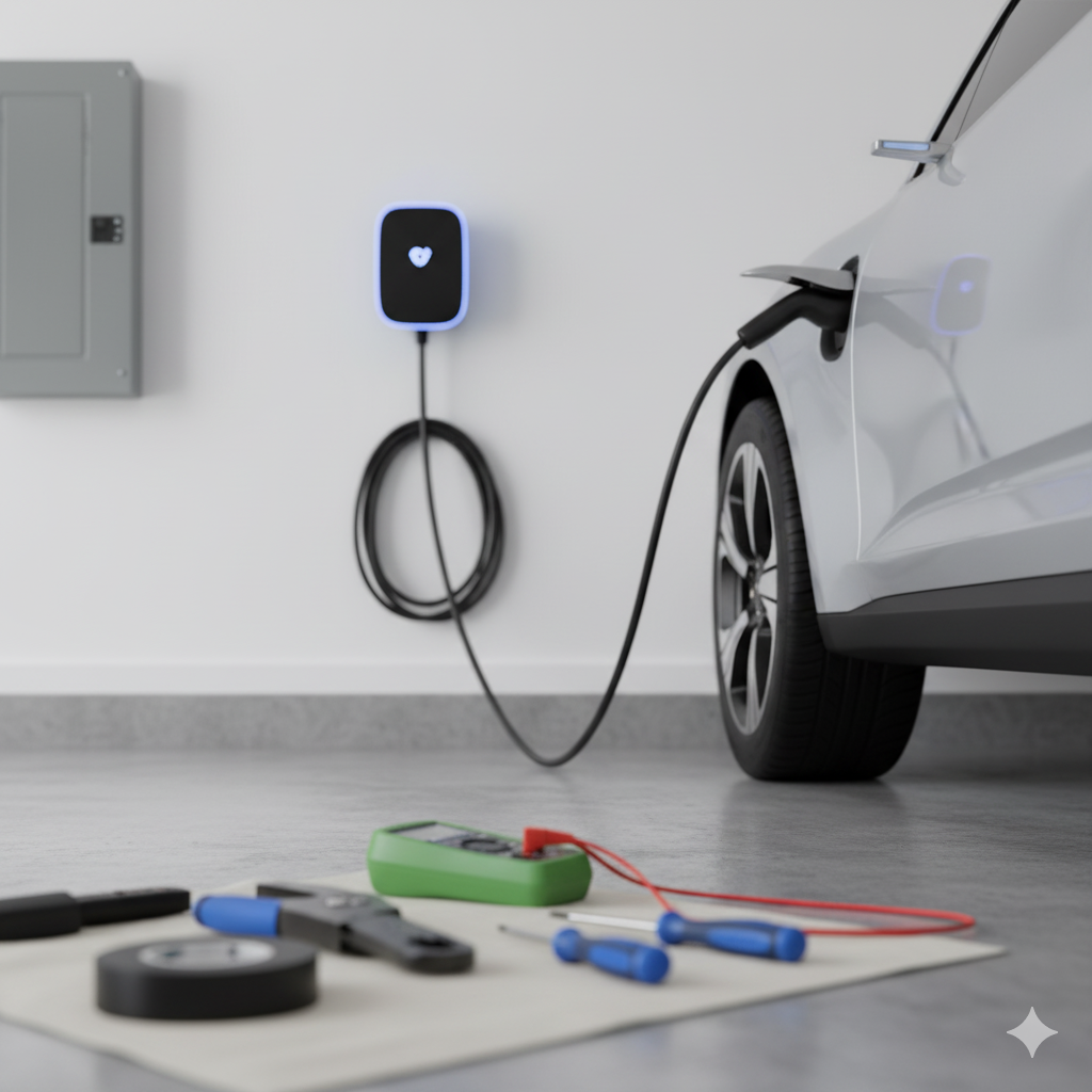 EV charging in garage, tools on the floor, breaker box on the wall.