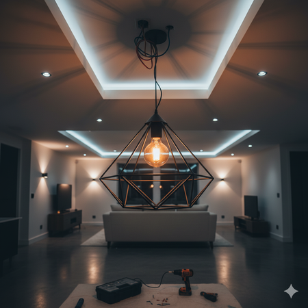 A modern living room with a geometric pendant light, a white sofa, and recessed lighting.