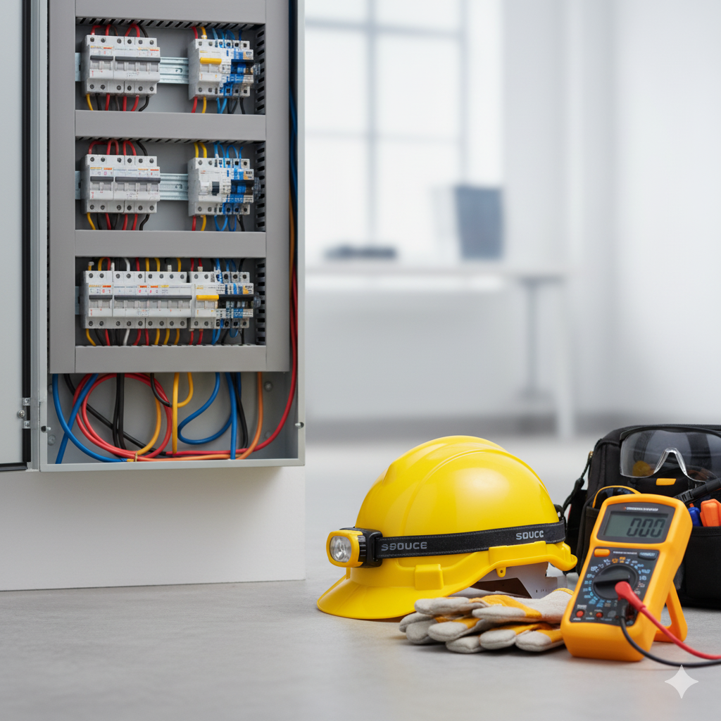 Electrical panel open, next to a work helmet, gloves, multimeter, and toolbox.