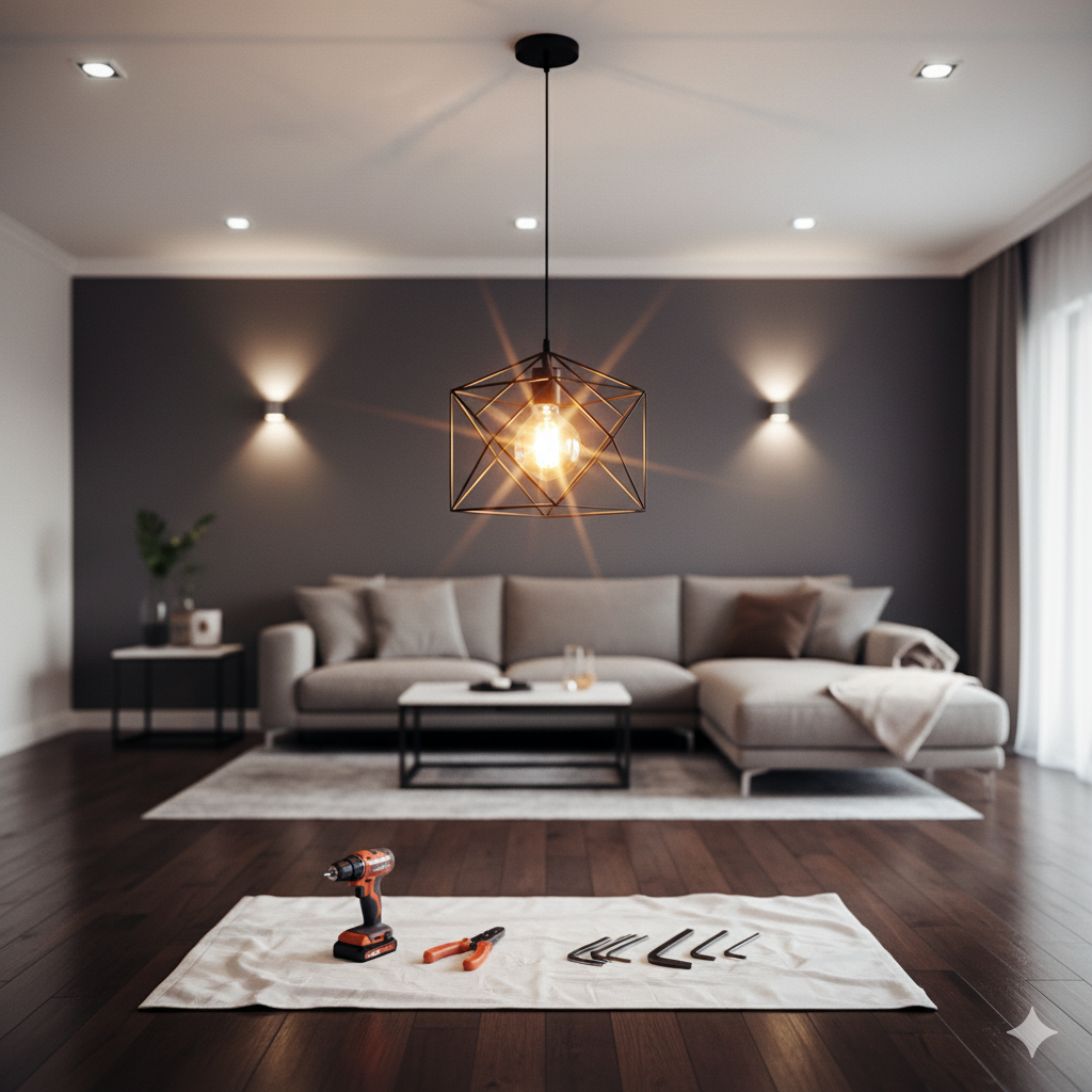 Living room with sofa, rug, and tools laid out on a sheet; a hanging light fixture is the focal point.