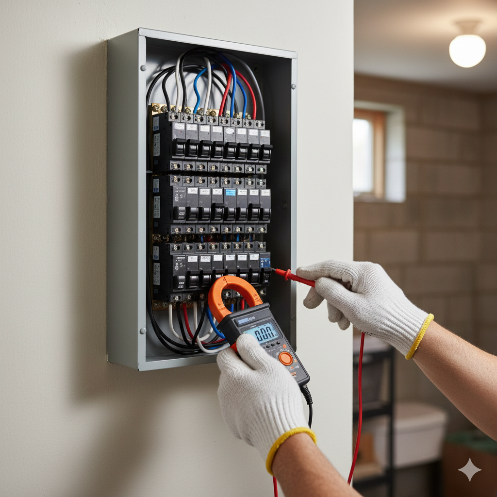 Electrician testing an electrical outlet with a multimeter, wearing gloves. Wires and tools are visible in a home setting.