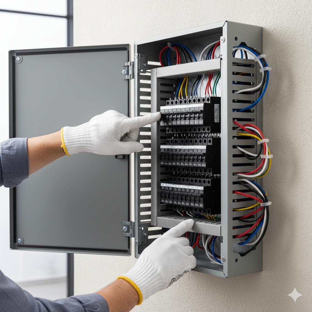 Electrician using a power drill on a circuit breaker panel, indoors.