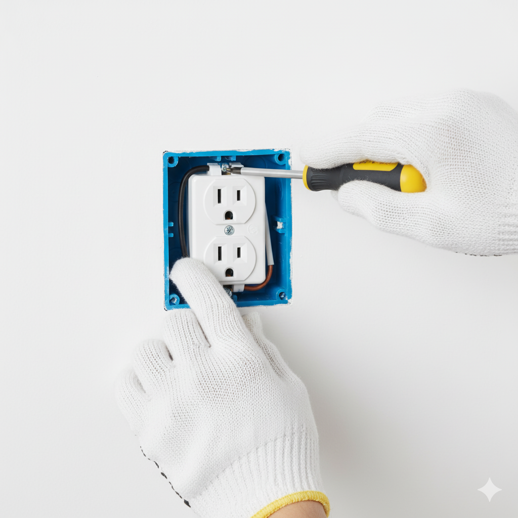 Hands wearing gloves wiring a light switch on a white wall, tools on a rug below.