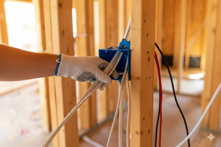 Interior of a building under construction, showing electrical wiring in wooden framing.