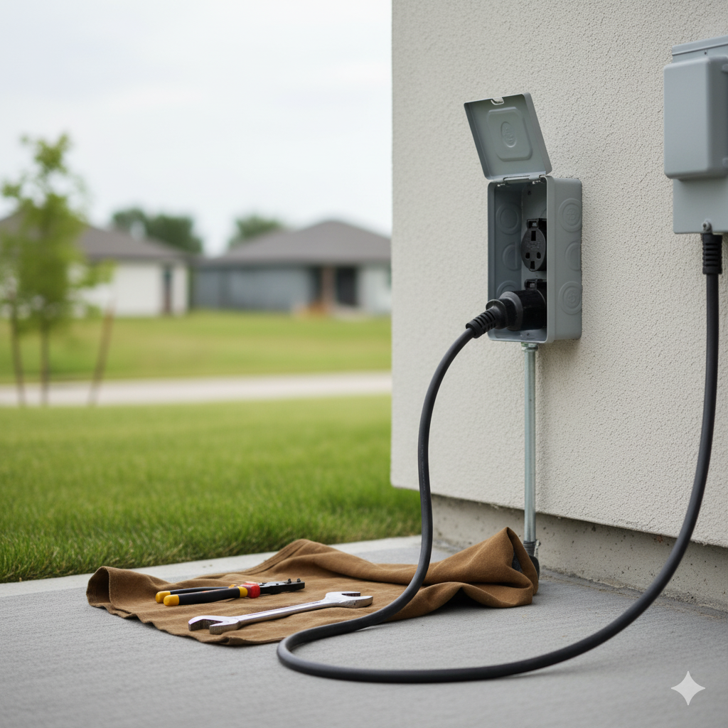 Electrical outlet with connected cord, tools and brown cloth on concrete, houses in background.