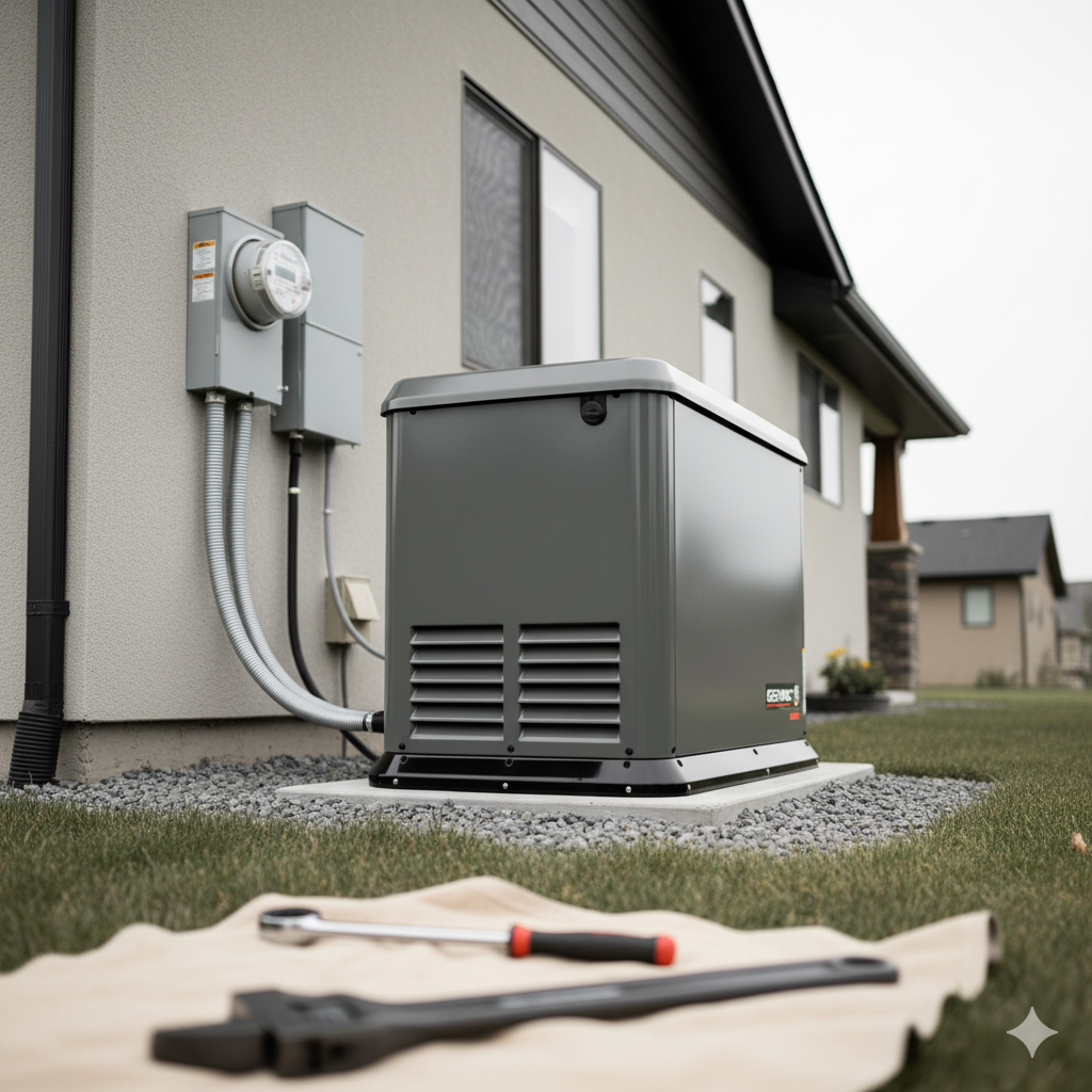 A generator installed outside a house with tools in the foreground; gray siding, cloudy sky.