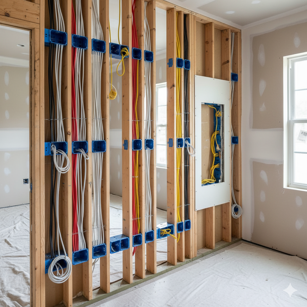 Kitchen remodel in progress with exposed electrical wiring, circuit breaker box, and tools on the floor.