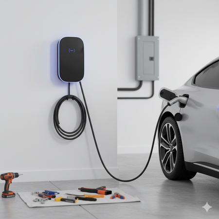 EV charger plugged into a silver car in a garage with tools on the floor.