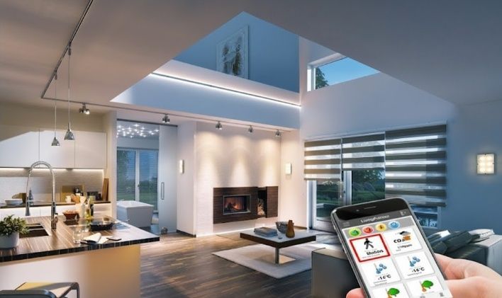 Person using smartphone to control smart home lighting in modern living space.