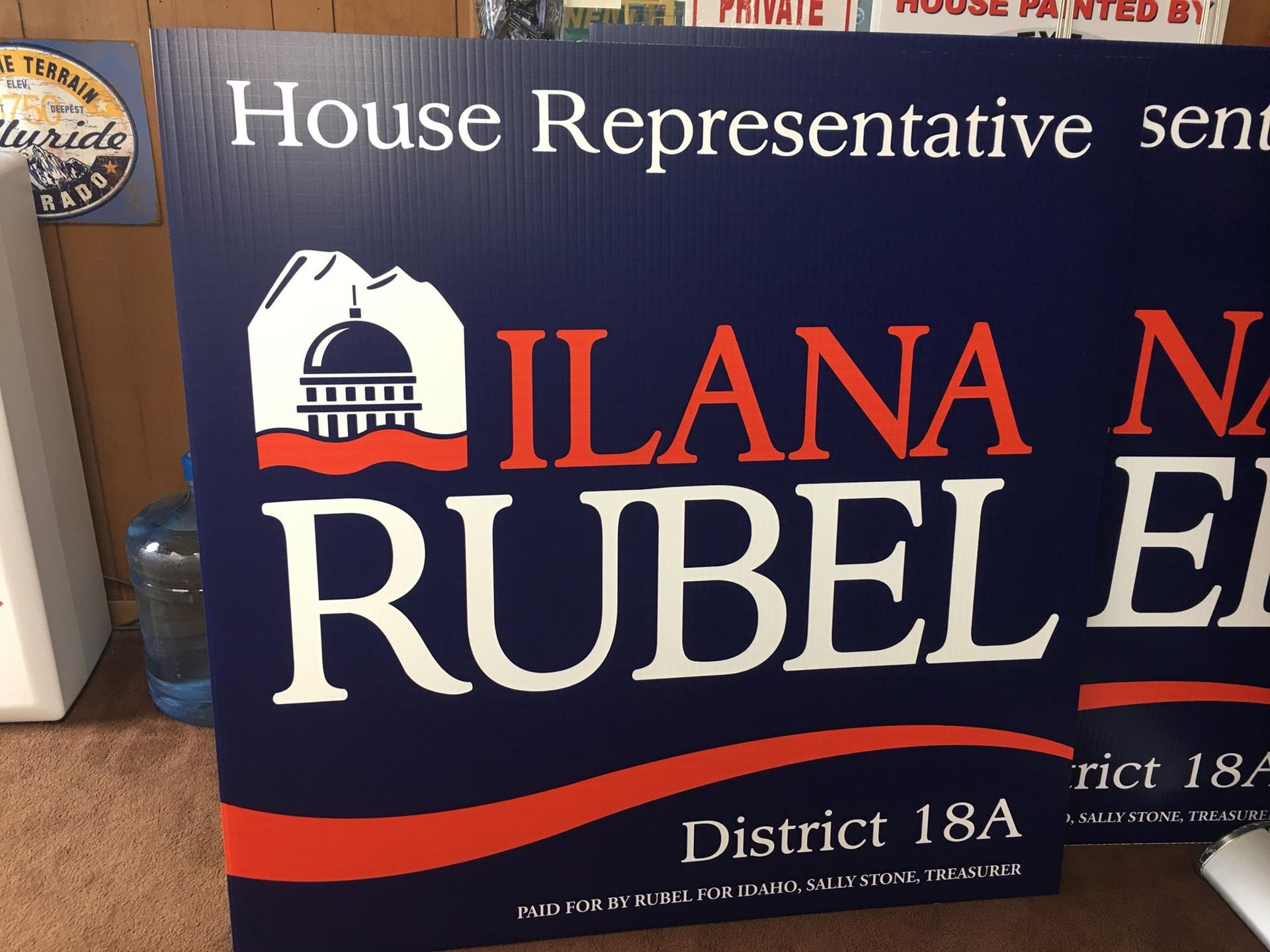 A campaign sign for House Representative Ilana Rubel, District 18A, with blue background and white and red text.