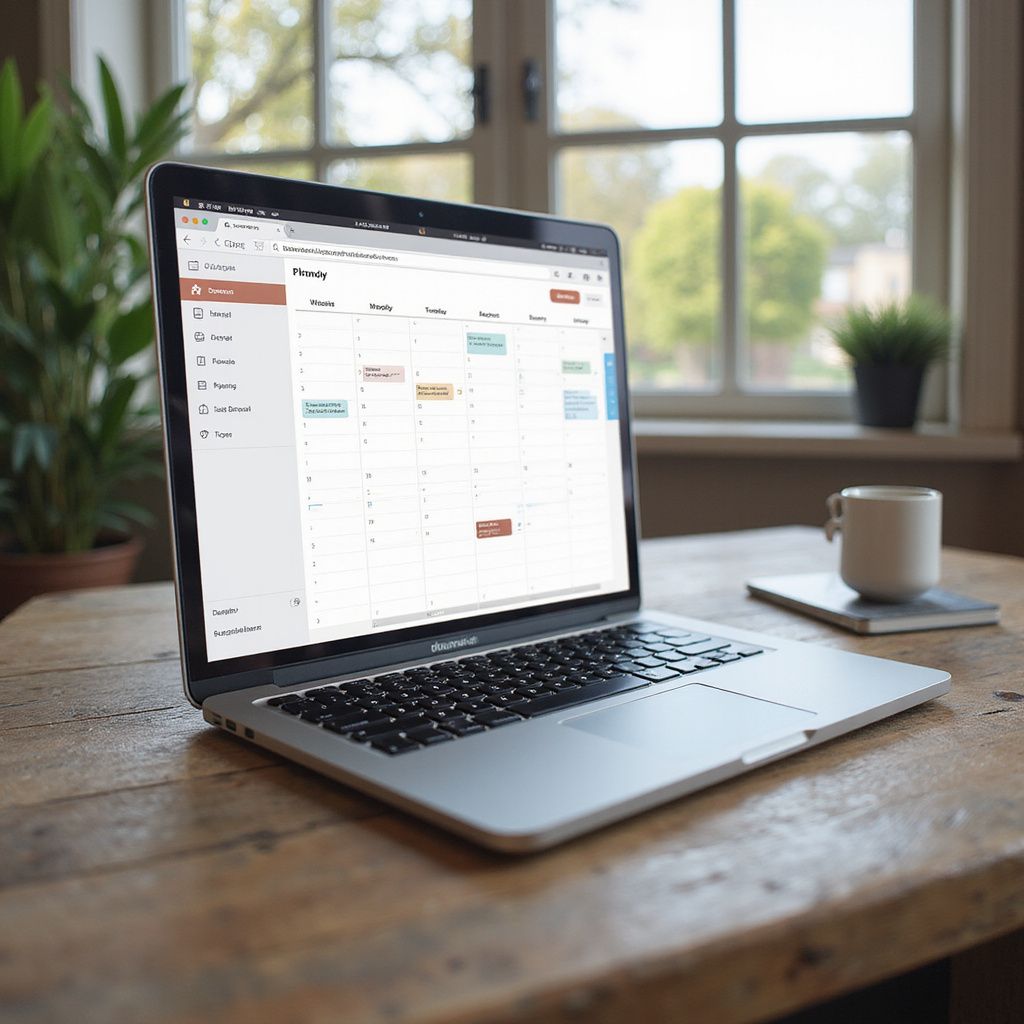 Laptop displaying a calendar application on a wooden table, next to a notebook and mug. Window in the background.