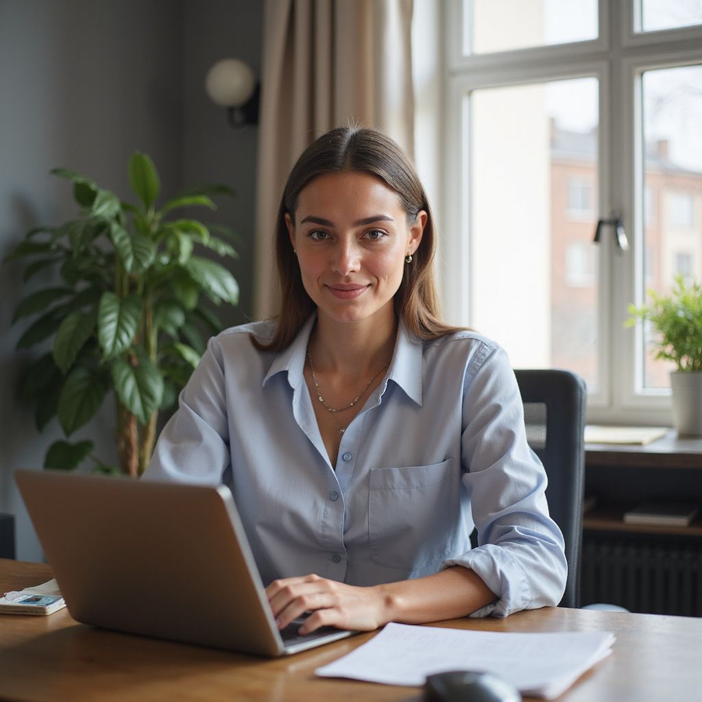 Woman at a desk, typing on a laptop, smiling. Inside office setting, natural light.